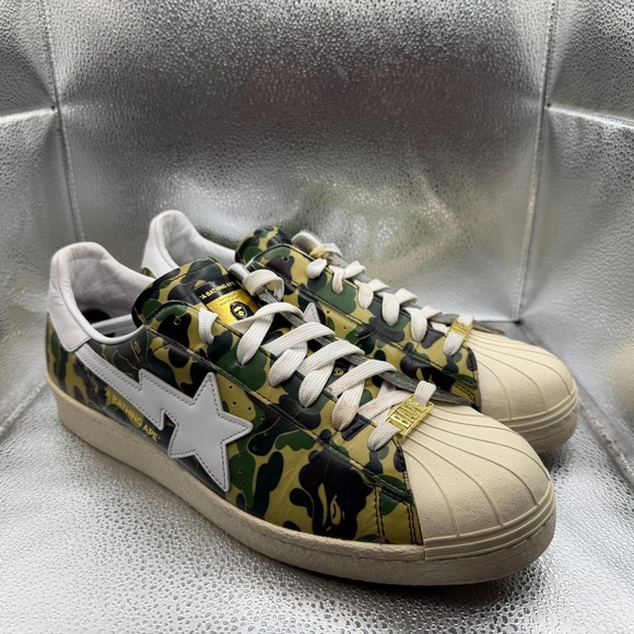 Size 13.5 Adidas x Bape Superstar 80s Camo Green White Mens Sneakers GZ8981
